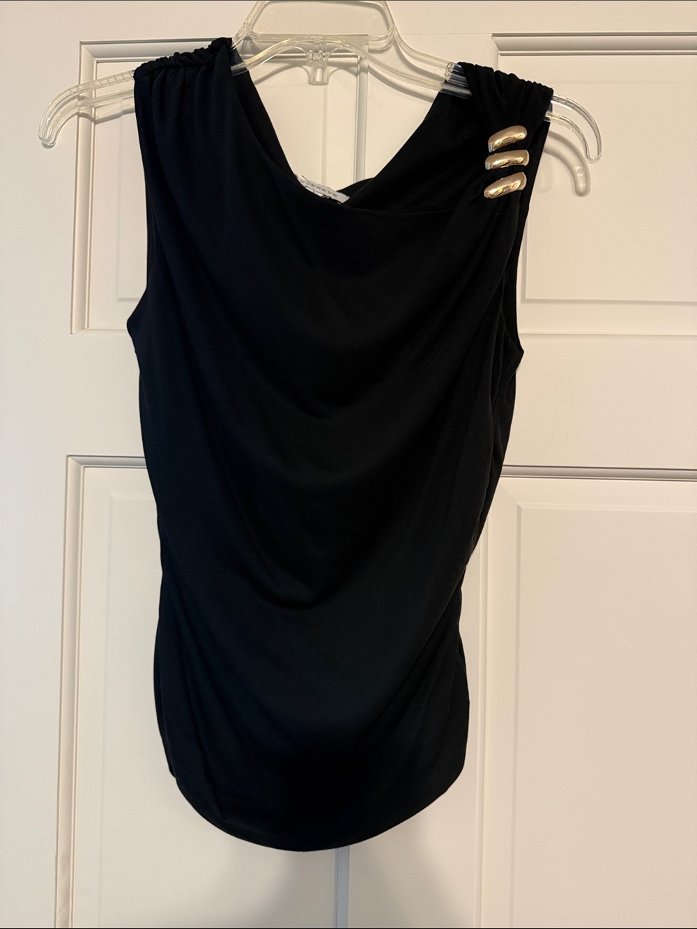 Evereve Black Sleeveless Drape Tank with Gold Shoulder Accents